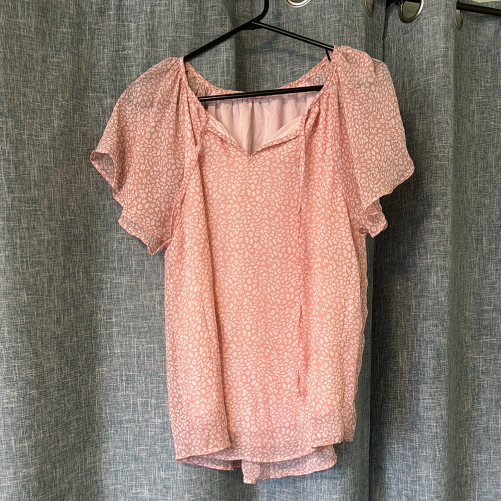 Pink Flutter Sleeve Blouse with Tie Front